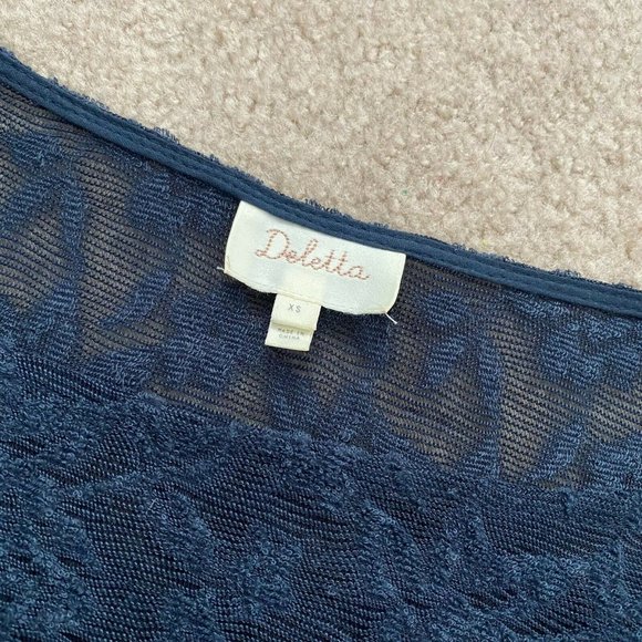 Anthro Deletta XS Navy Blue Loretta Knit Lace Mesh Sheer Banded Hem Top - Picture 12 of 12